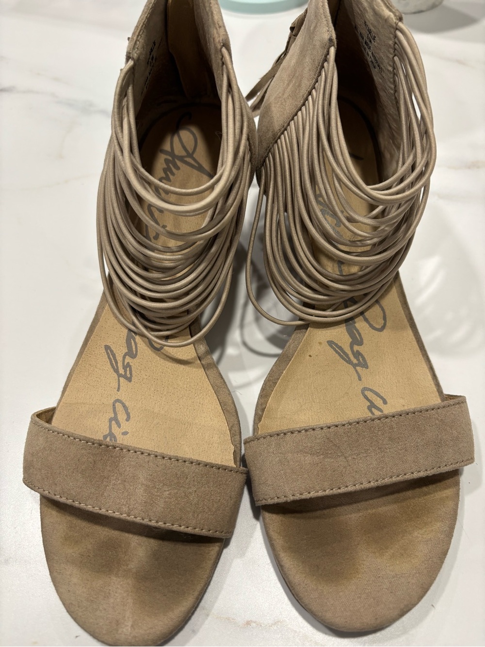 American Rag Taupe Suede Fringe Ankle-Wrap Sandals